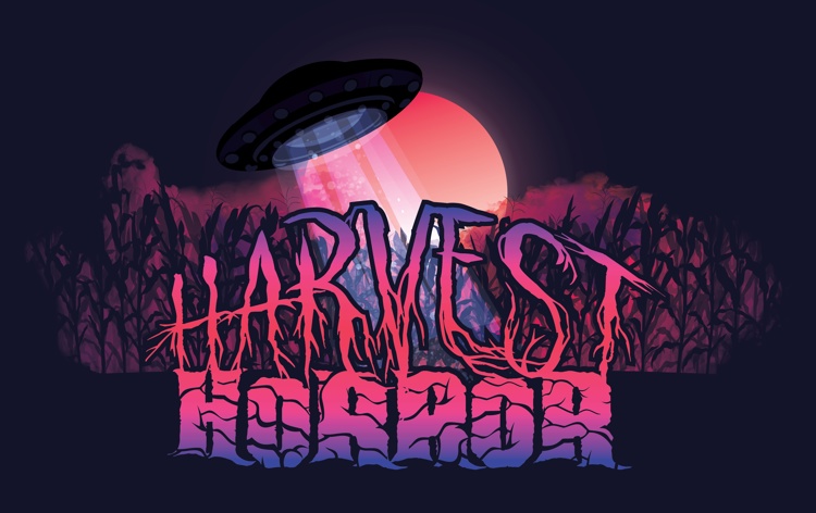 logo for Harvest Horror Alien Invasion event with pink lettering on a dark background with a moon and flying saucer illustration