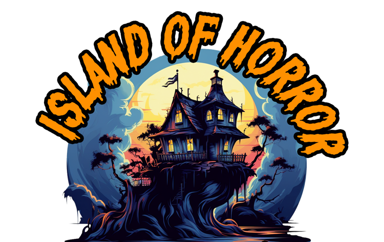 Island of Horror logo with illustration of a creepy house silhouetted in front of a full moon