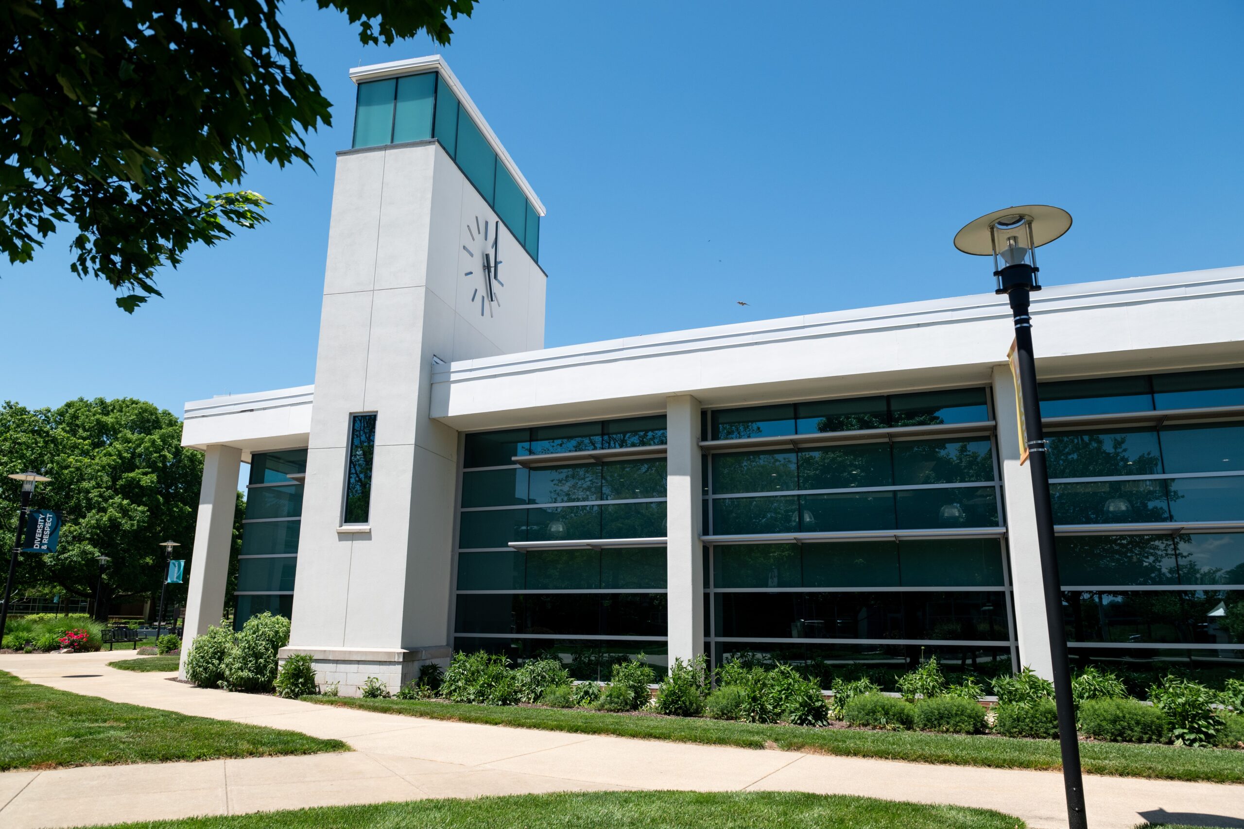 Caroline Center clock tower on a sunny day