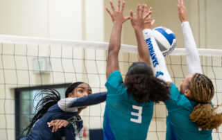 #4 Kaleigh Hammond hits the ball against two blockers at the net