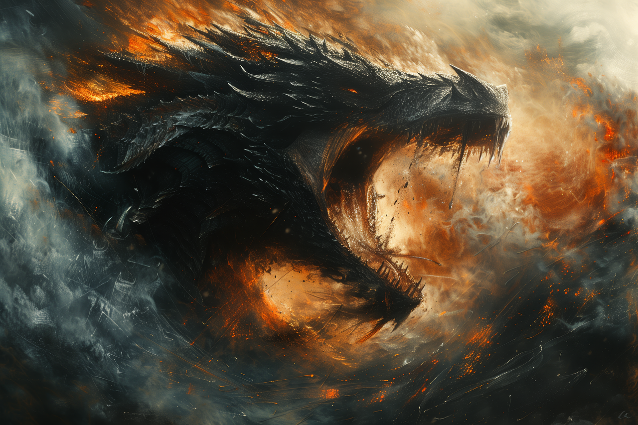 depiction of a black dragon head surrounded by fire and smoke