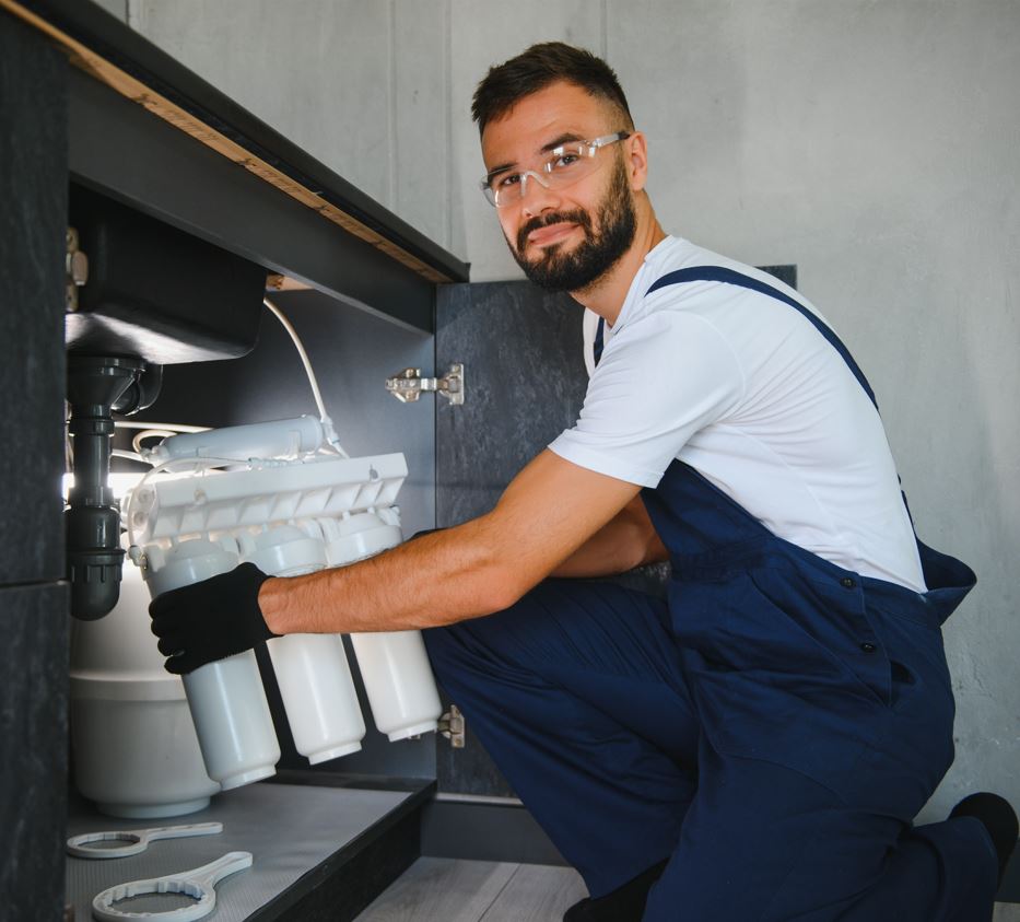 man fixing pipes under sink